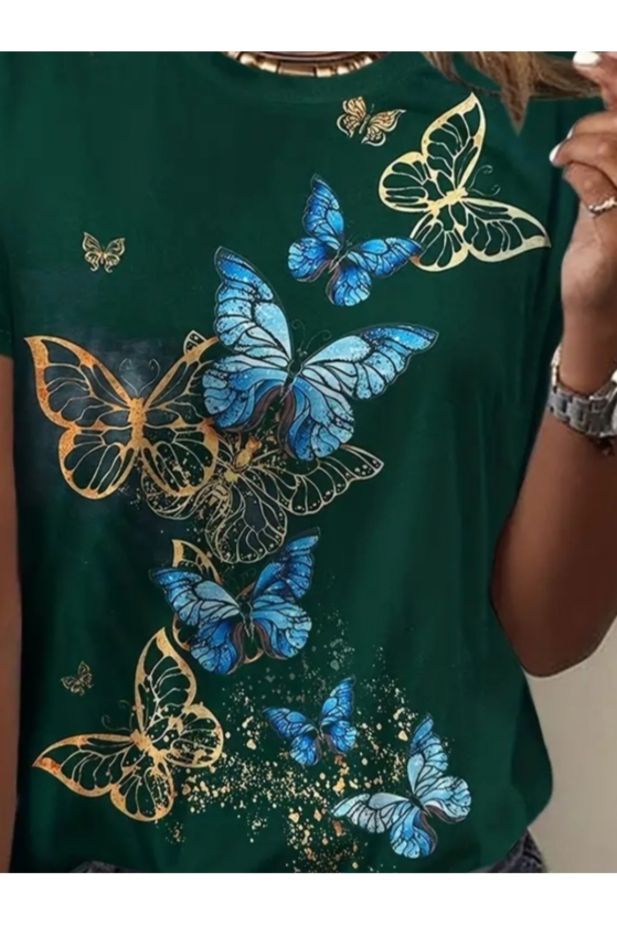 Women's Short Sleeve Blue Yellow Butterfly Printed Jersey Blouse, 23801